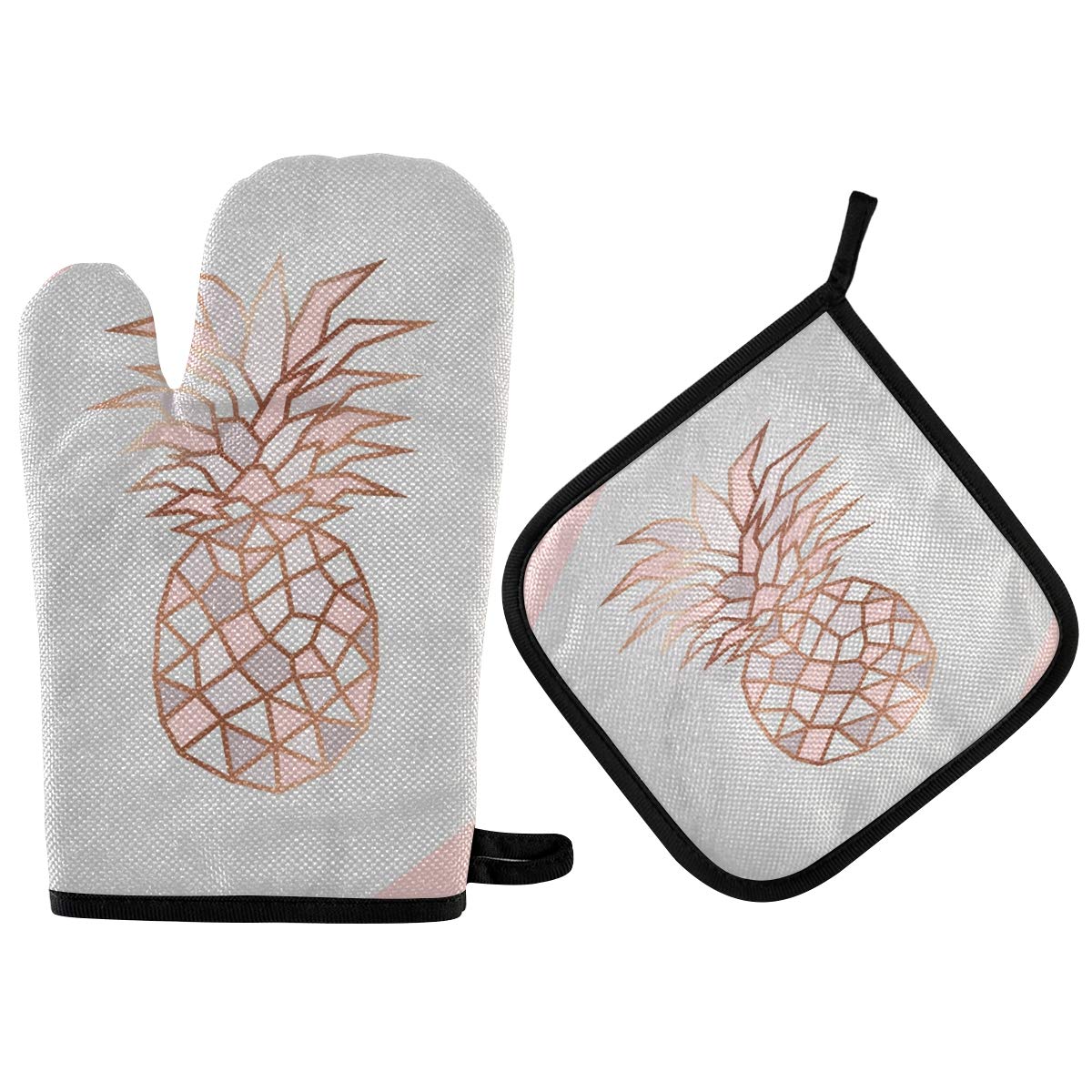 ALAZA Rose Gold Pineapple On Pink and White Marble Oven Mitts and Pot Holders Sets Heat Resistant Kitchen Oven Gloves Potholder for Cooking Baking Grill