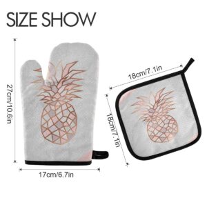 ALAZA Rose Gold Pineapple On Pink and White Marble Oven Mitts and Pot Holders Sets Heat Resistant Kitchen Oven Gloves Potholder for Cooking Baking Grill