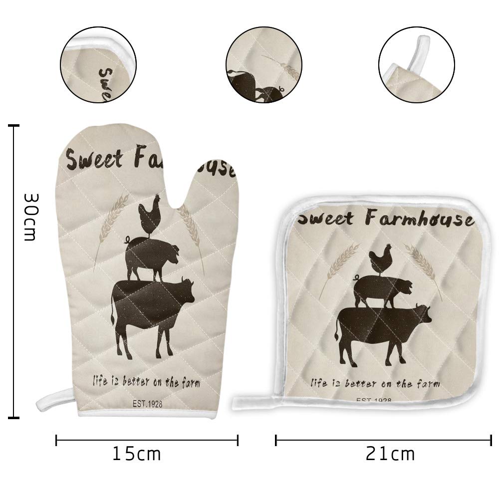 Kitchen Oven Gloves Farmhouse Animal Oven Mitts Pot Holder Set Cow Pig Chicken Retro Rustic Hot Pad Sets for Kitchen BBQ Cooking Baking Grilling Heat Resistance 12 x 6 inch + 8 x 8 inch