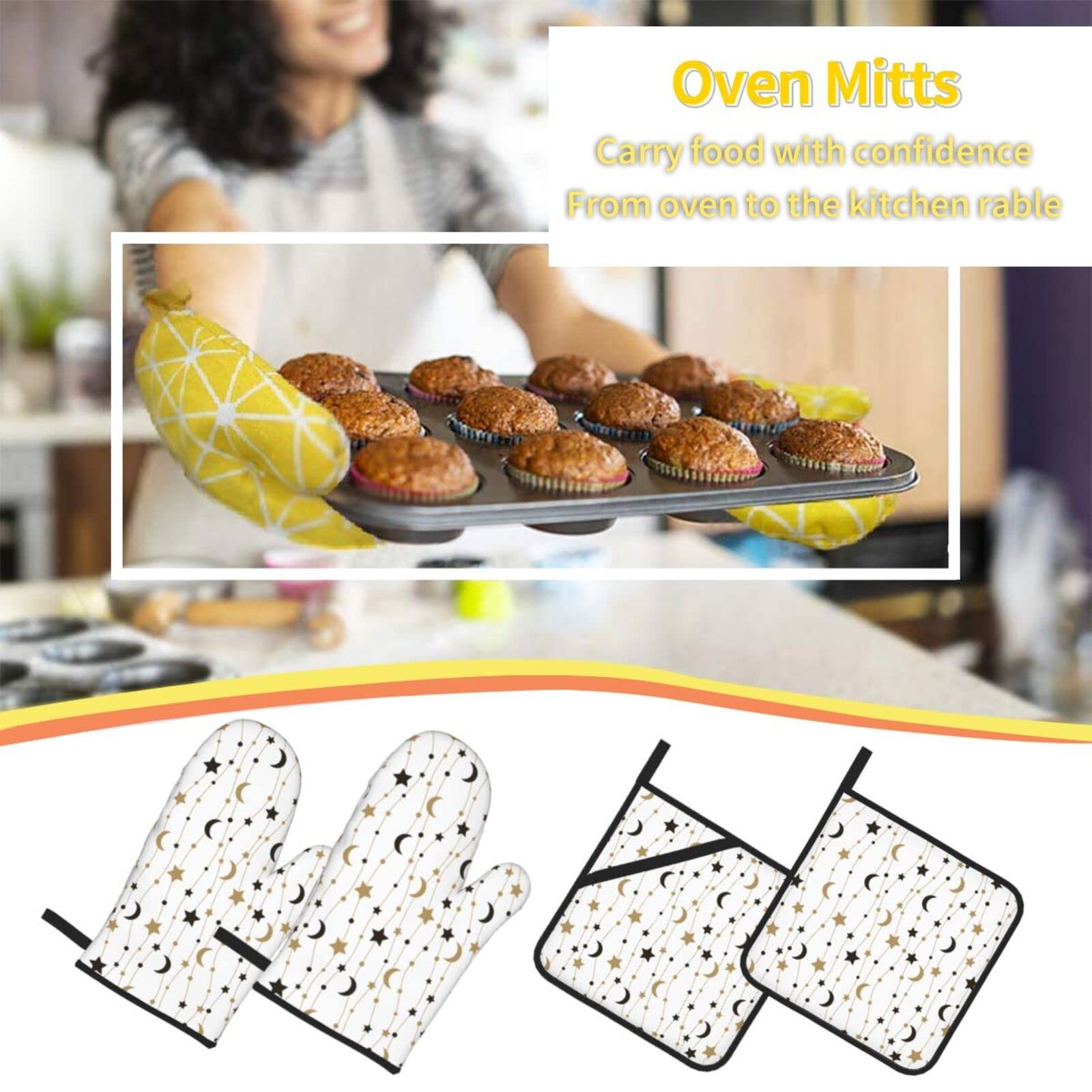 Oven Mitts and Pot Holders Sets 4 Piece, Black Gold Moon Stars Oven Gloves Heat Resistant Non-Slip for Kitchen Cooking Grilling Baking