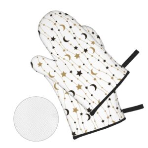 Oven Mitts and Pot Holders Sets 4 Piece, Black Gold Moon Stars Oven Gloves Heat Resistant Non-Slip for Kitchen Cooking Grilling Baking
