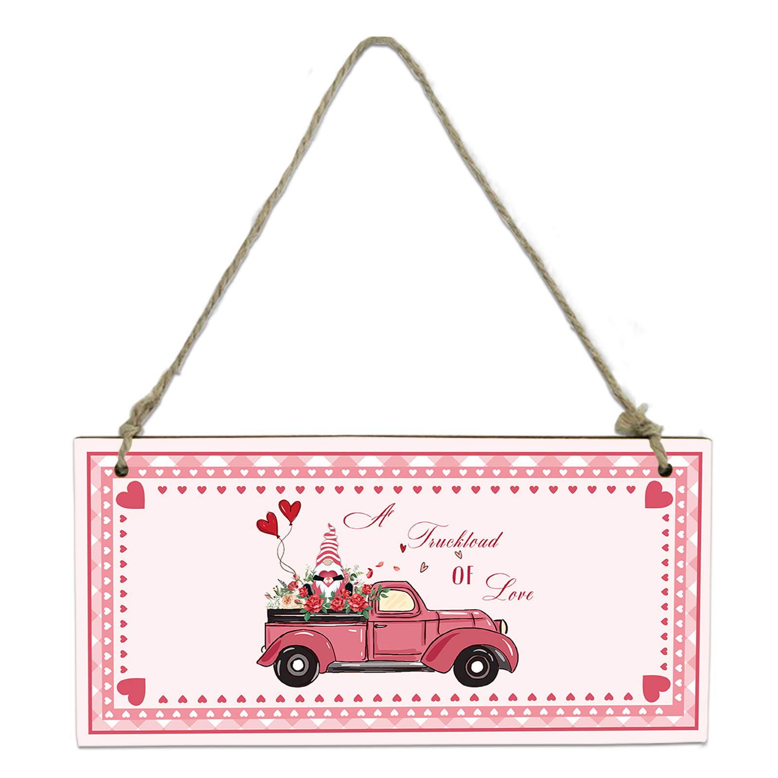 LBFUN Valentines Hanging Wood Sign Pink Rose Truck Welcome Rustic Wooden Sign Cute Gnome Heart A Truckload of Love Wood Plank Decorative Board Wooden Art Decor for Home, 8 x 4 inch