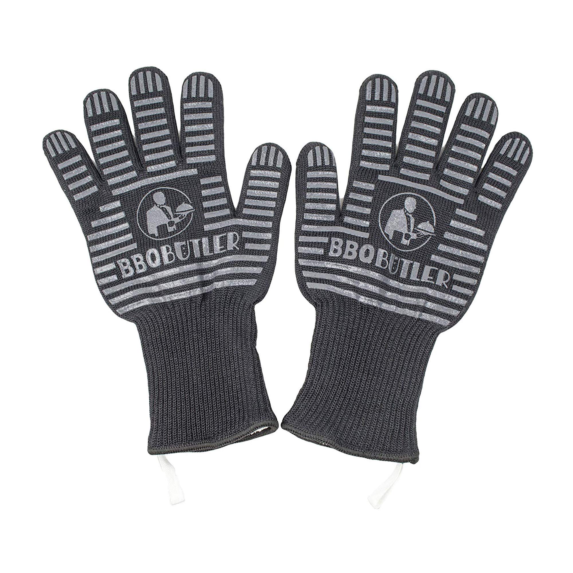 BBQ Butler Heat Resistant Grill Gloves - Grilling/Oven/Smoking/BBQ/Campfire Gloves - Cooking Gloves - High Heat Resistance - Silicone Grip Strips - Black - Two Gloves