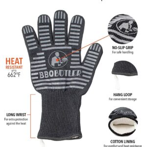 BBQ Butler Heat Resistant Grill Gloves - Grilling/Oven/Smoking/BBQ/Campfire Gloves - Cooking Gloves - High Heat Resistance - Silicone Grip Strips - Black - Two Gloves