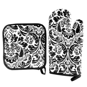 oven mitt and pot holder set, quilted and flame and heat resistant by lavish home (black)