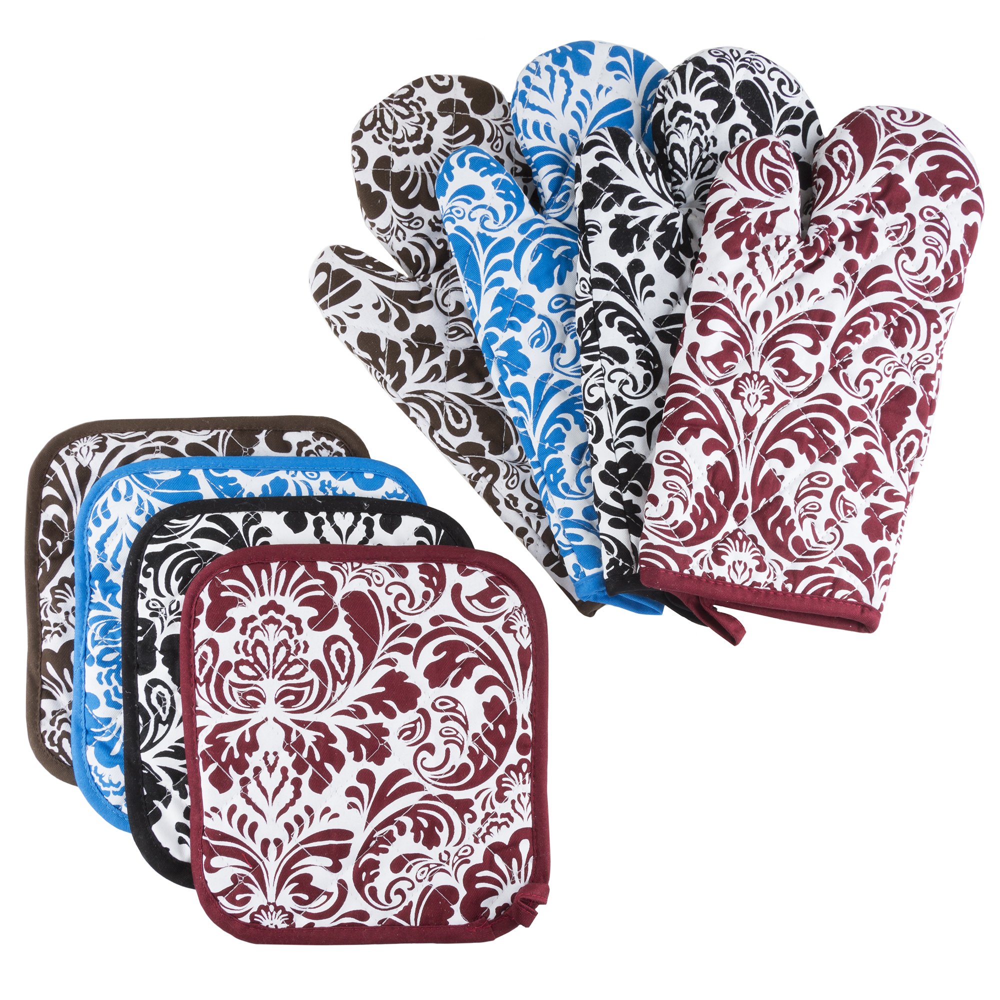 Oven Mitt And Pot Holder Set, Quilted And Flame And Heat Resistant By Lavish Home (Black)