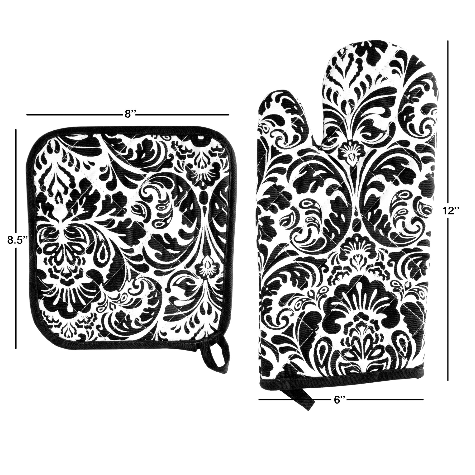 Oven Mitt And Pot Holder Set, Quilted And Flame And Heat Resistant By Lavish Home (Black)