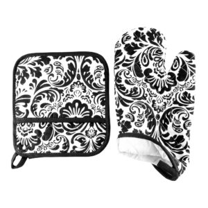 Oven Mitt And Pot Holder Set, Quilted And Flame And Heat Resistant By Lavish Home (Black)