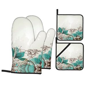 Teal Floral Oven Mitts and Pot Holders Sets,Multi-Function Kitchen Pot Holders with Pocket (4 Pcs)