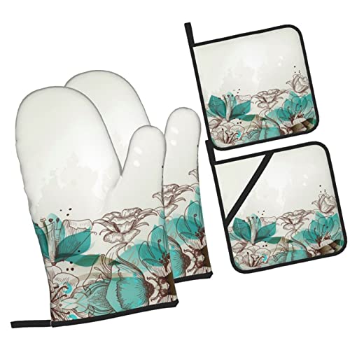 Teal Floral Oven Mitts and Pot Holders Sets,Multi-Function Kitchen Pot Holders with Pocket (4 Pcs)