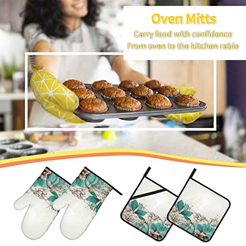 Teal Floral Oven Mitts and Pot Holders Sets,Multi-Function Kitchen Pot Holders with Pocket (4 Pcs)