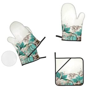 Teal Floral Oven Mitts and Pot Holders Sets,Multi-Function Kitchen Pot Holders with Pocket (4 Pcs)