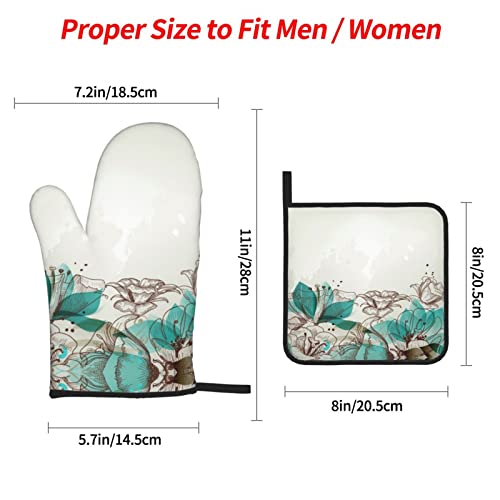 Teal Floral Oven Mitts and Pot Holders Sets,Multi-Function Kitchen Pot Holders with Pocket (4 Pcs)