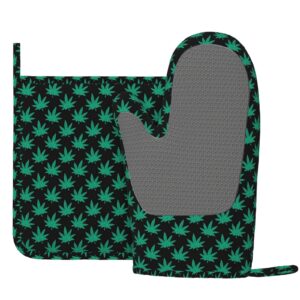 Green Marijuana Leaf Oven Mitts and Pot Holders Sets Non-Slip Silicone Oven Glove Cooking Potholder