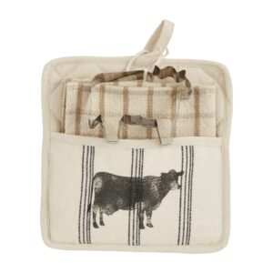 mud pie farm pot holder & towel set, cow, 8" x 8"