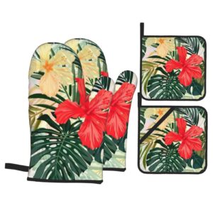 summer hawaiian oven mitts and pot holders sets kitchen hot pad non-slip heat resistant waterproof baking bbq cooking gloves(4 piece)
