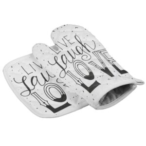 set of oven mitt and pot holder live laugh love quote oven gloves heat resistance non-slip surface for kitchen bbq cooking baking grilling,black white