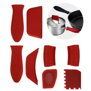 papaba 8pcs/set silicone hot handle cover pot holders heat-resistant grip handle sleeves lid covers with scraper for frying pans cookware red