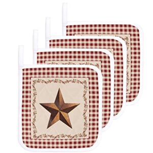 4 Pack Pot Holders for Kitchen,Western Star Burgundy Red Gingham Country Texas Berry Heat Proof Potholder Hot Pads Trivet,Farmhouse Style Washable Coaster Potholders for Cooking Baking Grilling