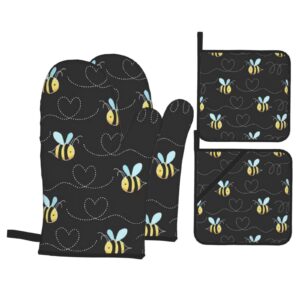 4pcs oven mitts and pot holders sets,bumble bees,kitchen oven glove high heat resistant 500 degree oven mitts and pot holder,surface safe for baking,cooking,bbq