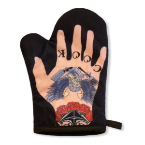 mens tattoo hand oven mitt funny cook tats ink graphic novelty kitchen accessories funny graphic kitchenwear funny food novelty cookware black oven mitt