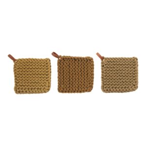creative co-op square crochet cotton leather loop, set of 3 colors pot holder, multicolored