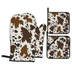 feartdiy oven mitts and pot holders sets of 4,cow leather brown print heat resistant kitchen cooking oven gloves and potholders for bbq baking grillin, one size