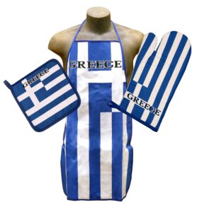 greece flag kitchen & bbq set w/ apron, oven-mitt & pot-holder greek