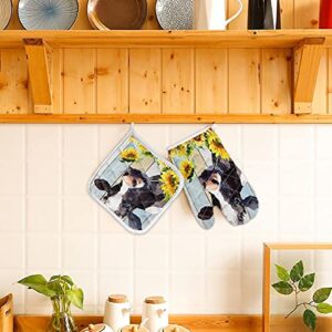 Farm Animal Oven Mitts, Thermal insulation Oven Gloves for Handle Hot Kitchen Items Safely, Anti-Skid Cooking Potholders for Cooking, Baking and Grilling - Cow with Sunflowers on Wood Grain Background