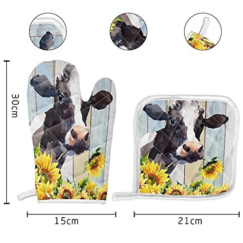 Farm Animal Oven Mitts, Thermal insulation Oven Gloves for Handle Hot Kitchen Items Safely, Anti-Skid Cooking Potholders for Cooking, Baking and Grilling - Cow with Sunflowers on Wood Grain Background