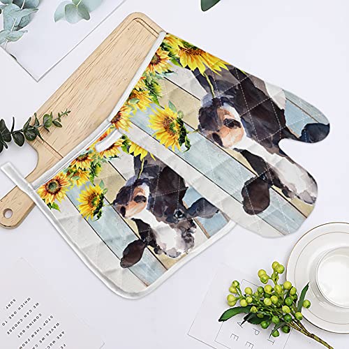 Farm Animal Oven Mitts, Thermal insulation Oven Gloves for Handle Hot Kitchen Items Safely, Anti-Skid Cooking Potholders for Cooking, Baking and Grilling - Cow with Sunflowers on Wood Grain Background