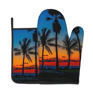 sunset beach palm tree oven mitts and pot holders sets of 2, non-slip cooking hot pads washable heat resistant for kitchen microwave bbq baking grilling