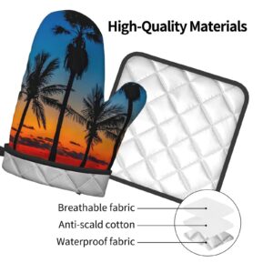 Sunset Beach Palm Tree Oven Mitts and Pot Holders Sets of 2, Non-Slip Cooking Hot Pads Washable Heat Resistant for Kitchen Microwave BBQ Baking Grilling