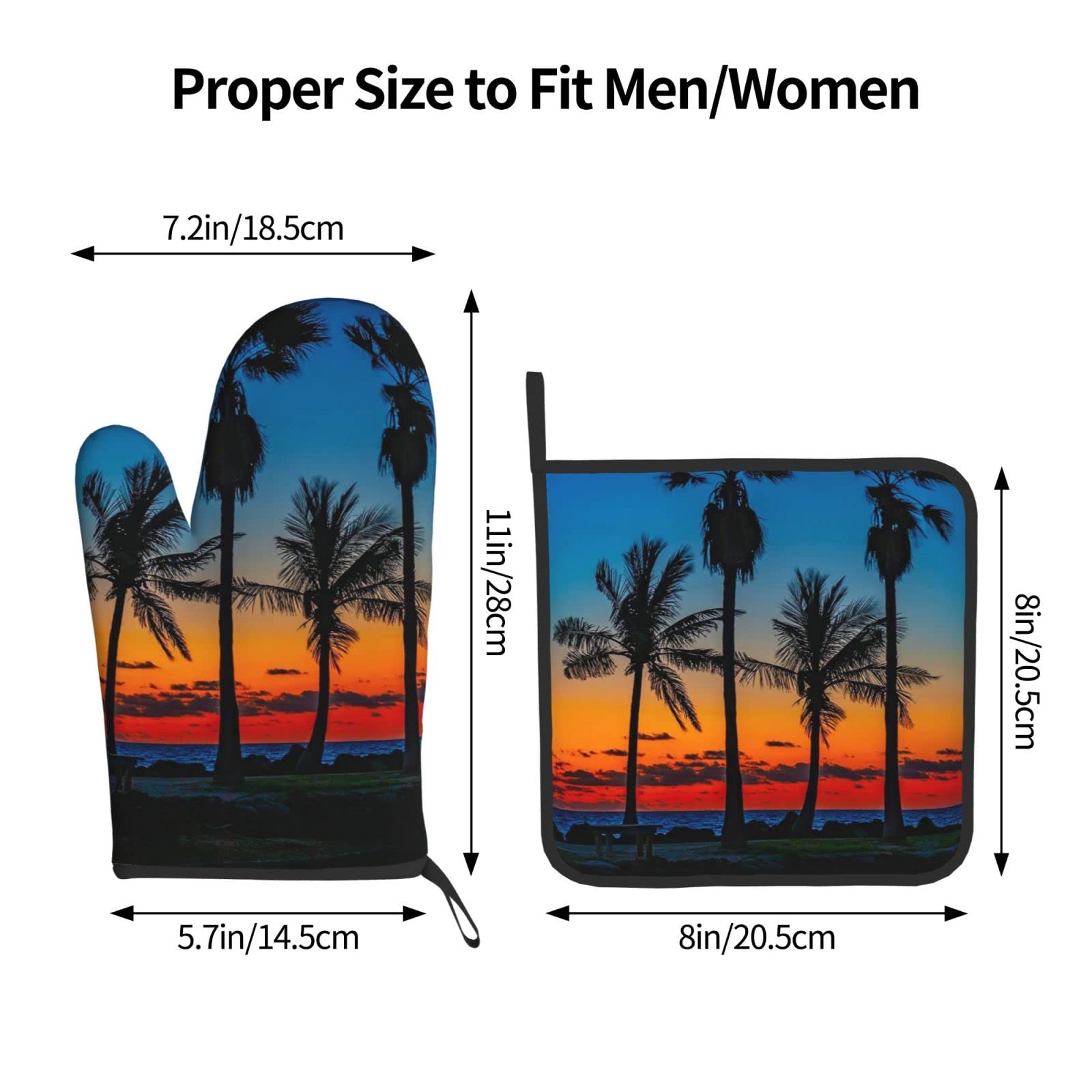 Sunset Beach Palm Tree Oven Mitts and Pot Holders Sets of 2, Non-Slip Cooking Hot Pads Washable Heat Resistant for Kitchen Microwave BBQ Baking Grilling