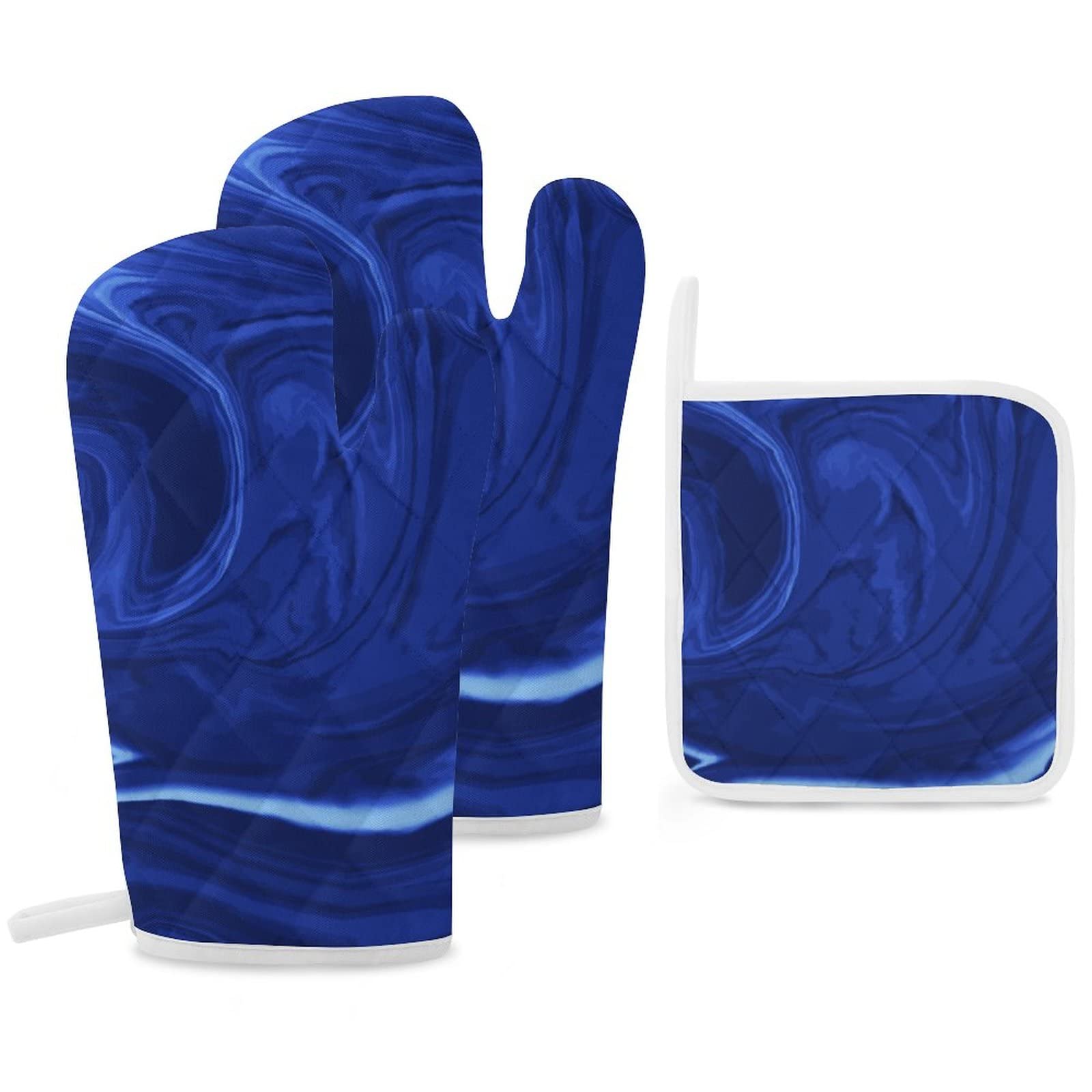 Navy Stone Cobalt Blue Talisman Oven Mitts and Pot Holders Sets of 3,Kitchen Gift Heat Resistant Non Slip Hot Pads & Oven Mitts Set for Cooking BBQ Grilling Baking