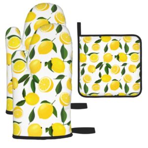 lemon oven mitts and pot holders sets of 3,resistant hot pads with polyester non-slip bbq gloves for kitchen,cooking,baking,grilling