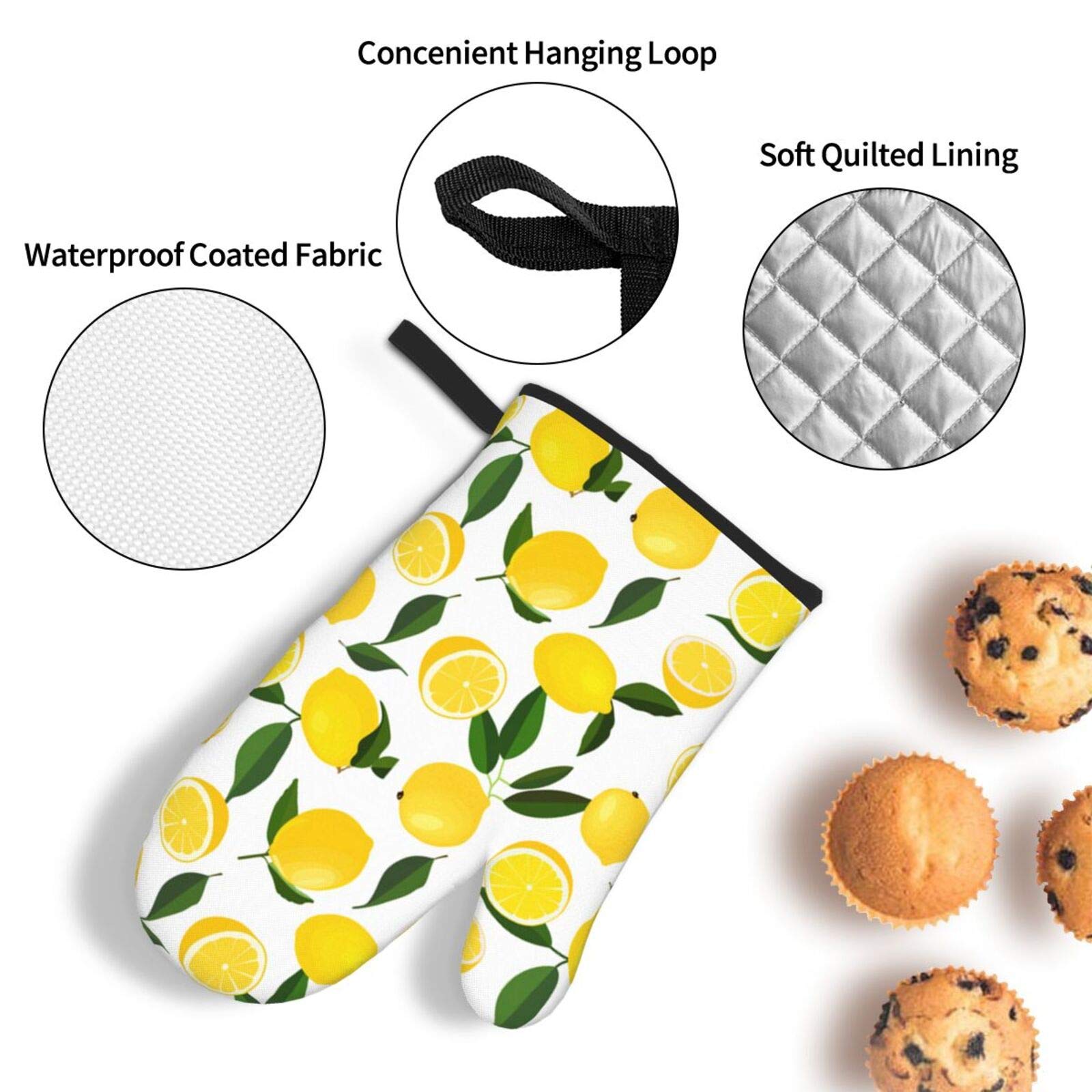 Lemon Oven Mitts and Pot Holders Sets of 3,Resistant Hot Pads with Polyester Non-Slip BBQ Gloves for Kitchen,Cooking,Baking,Grilling