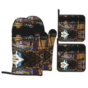 las vegas night view extra long oven gloves and hot pads set 4pcs for cooking and baking with pockets