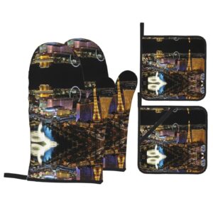 Las Vegas Night View Extra Long Oven Gloves and Hot Pads Set 4pcs for Cooking and Baking with Pockets