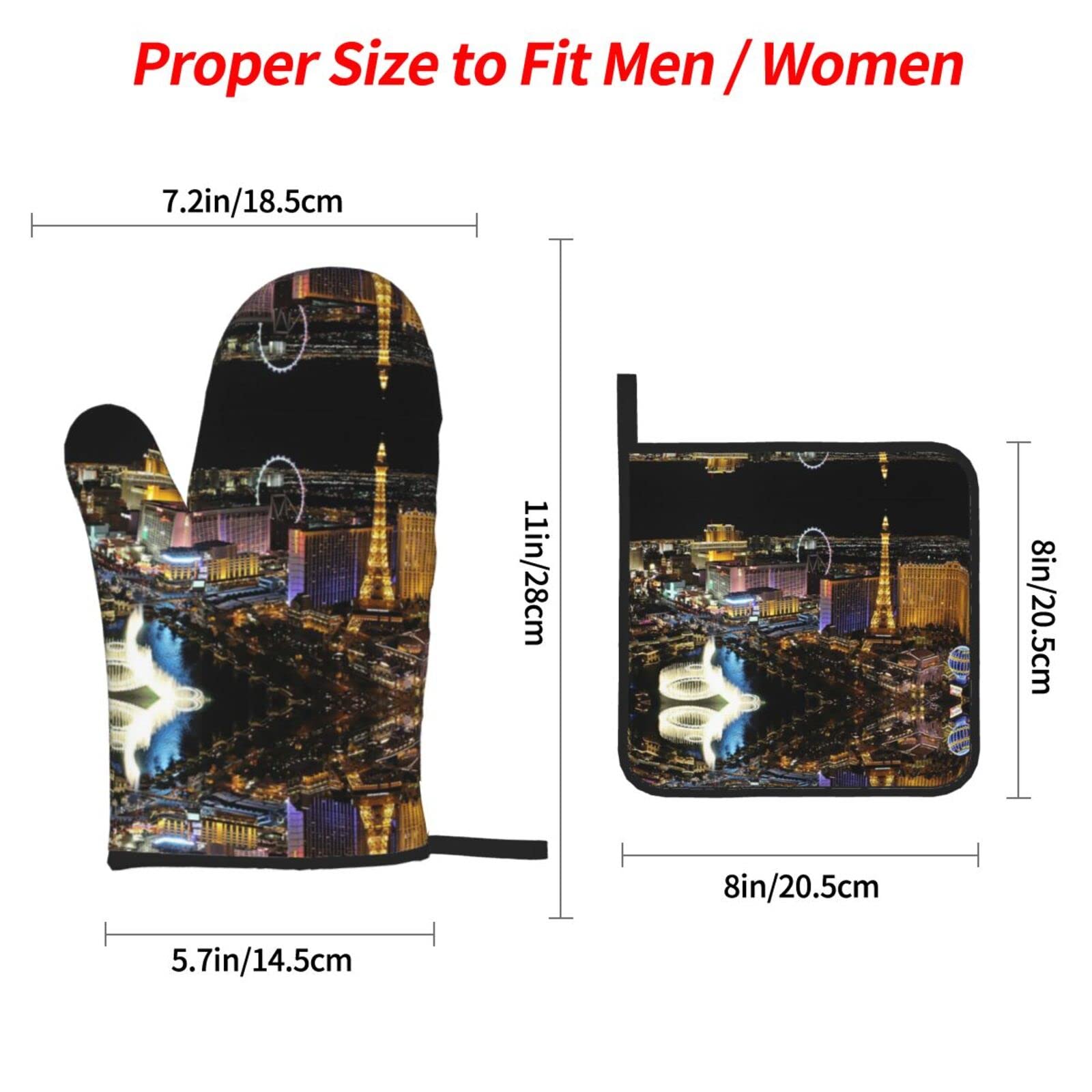 Las Vegas Night View Extra Long Oven Gloves and Hot Pads Set 4pcs for Cooking and Baking with Pockets