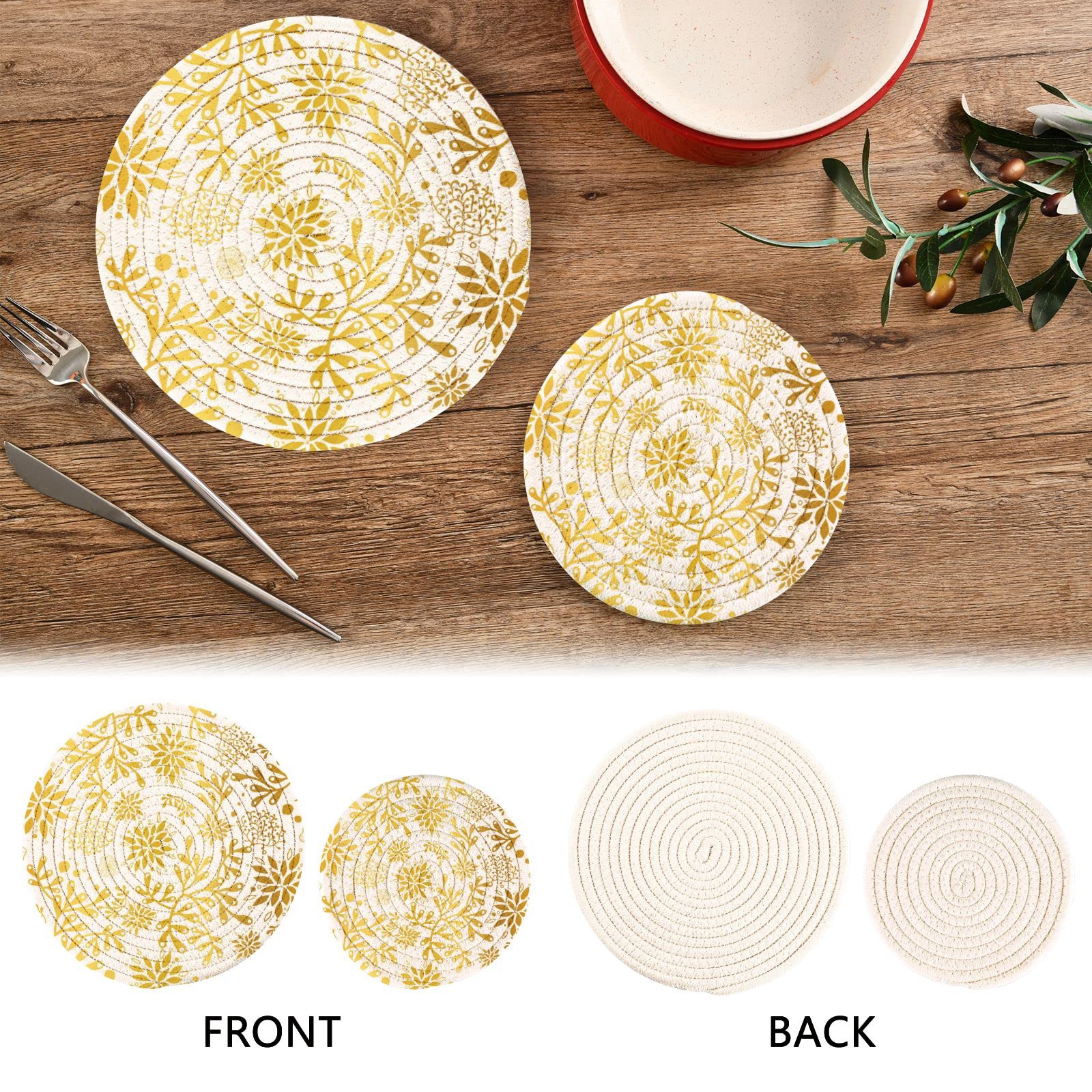 Pot Holders Trivets Set Pure Cotton Potholders Set, Hot Pads Set of 2, Gold Dahlia Pinnata Flowers Hot Pot Trivets One 9.45 Inch and One 7 Inch