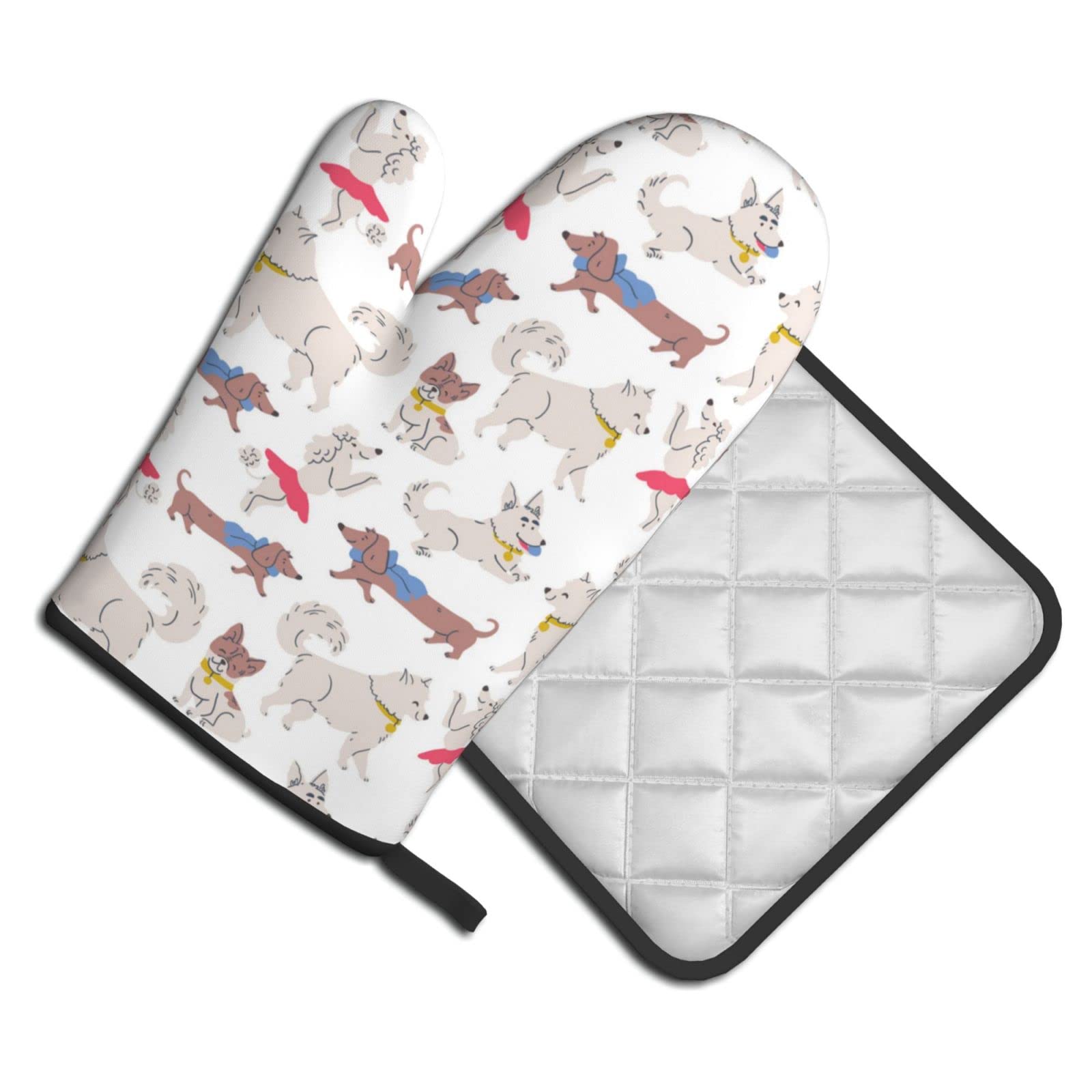 Cute Dog Puppy Oven Mitts and Pot Holders Sets Resistant Hot Pads Potholders Non-Slip Cotton Lining Oven Gloves for Four Seasons Kitchen Baking Cooking Grilling