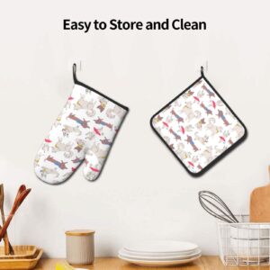 Cute Dog Puppy Oven Mitts and Pot Holders Sets Resistant Hot Pads Potholders Non-Slip Cotton Lining Oven Gloves for Four Seasons Kitchen Baking Cooking Grilling