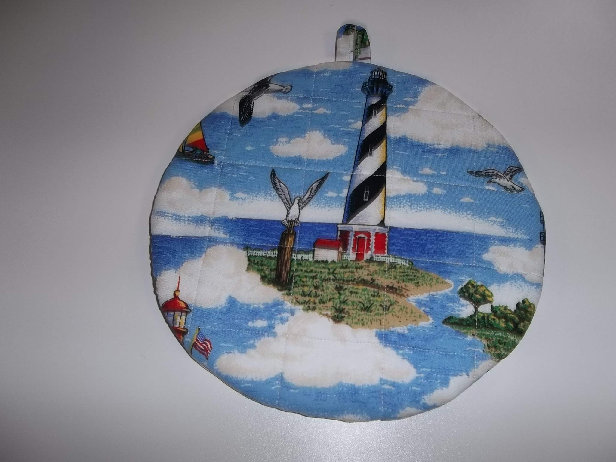 Quilted Pot Holders Hot Pads Lighthouse Potholders Fabric Round Handmade Trivet Double Insulated 9 Inches