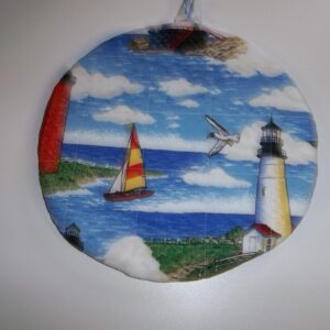 Quilted Pot Holders Hot Pads Lighthouse Potholders Fabric Round Handmade Trivet Double Insulated 9 Inches