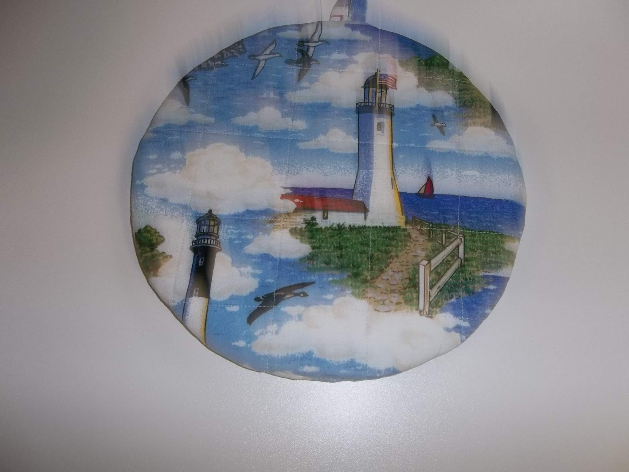 Quilted Pot Holders Hot Pads Lighthouse Potholders Fabric Round Handmade Trivet Double Insulated 9 Inches