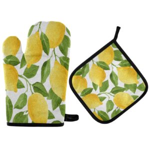alaza summer lemon fruit leaves watercolor oven mitt and pot holder set heat resistant kitchen glove for cooking baking grilling barbecue