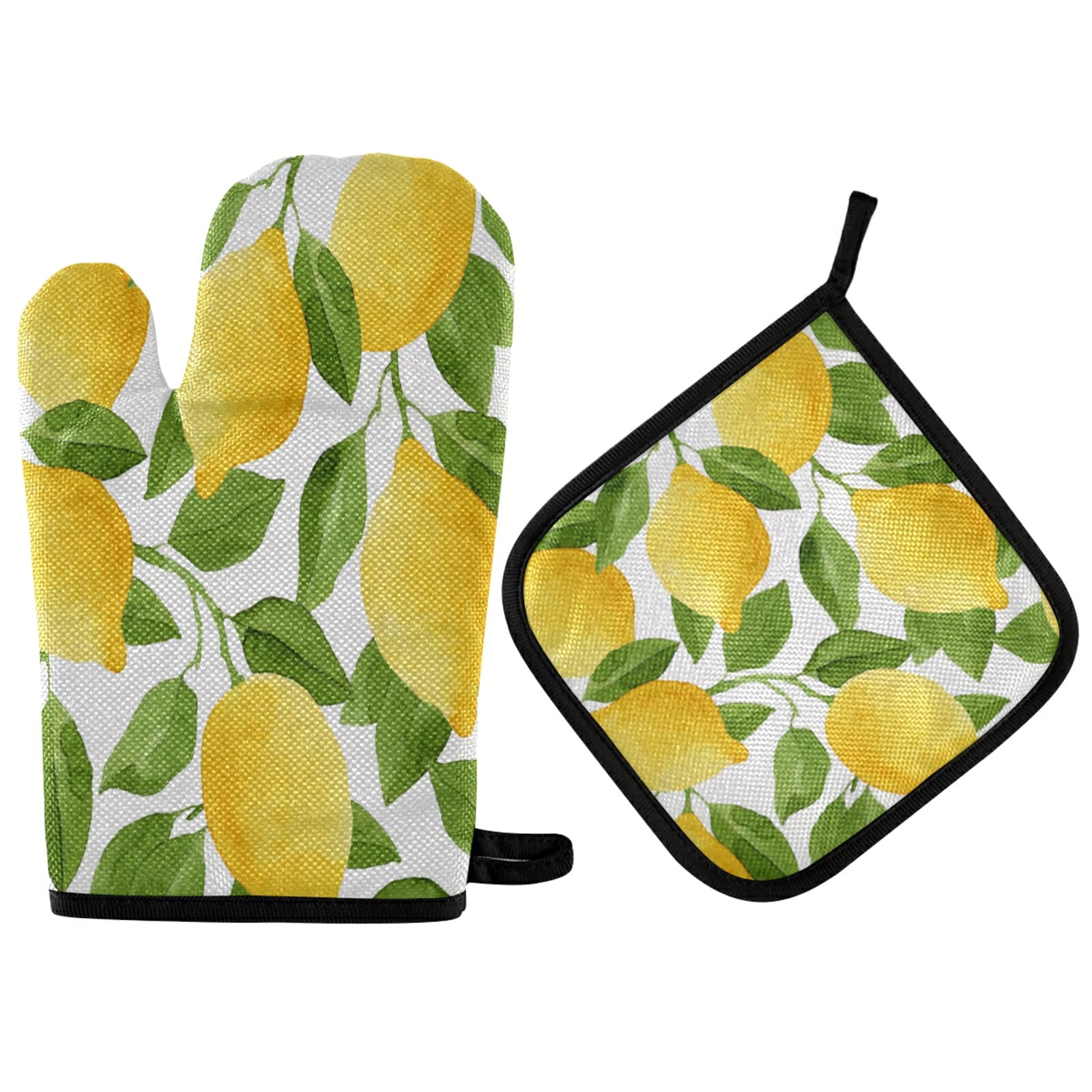 ALAZA Summer Lemon Fruit Leaves Watercolor Oven Mitt and Pot Holder Set Heat Resistant Kitchen Glove for Cooking Baking Grilling Barbecue