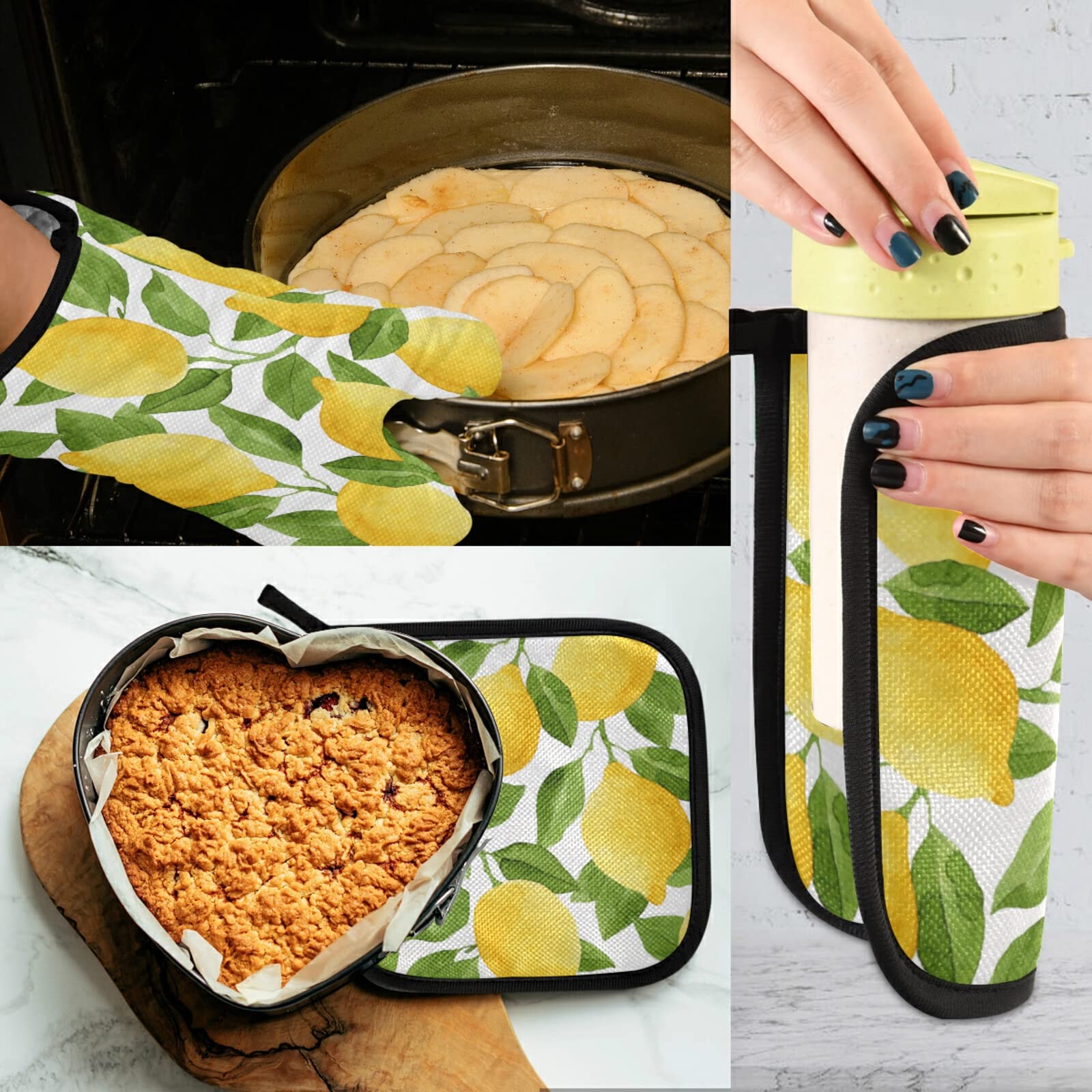 ALAZA Summer Lemon Fruit Leaves Watercolor Oven Mitt and Pot Holder Set Heat Resistant Kitchen Glove for Cooking Baking Grilling Barbecue