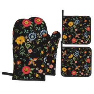 colorful floral birds oven mitts and pot holders sets of 4,non-slip heat resistant oven gloves for baking cooking grilling bbq